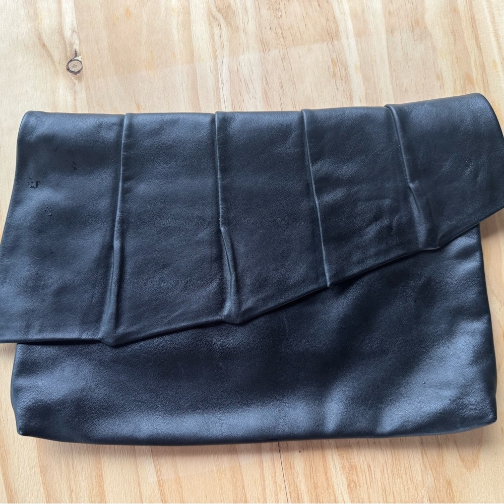 Vintage Black Leather Flap Clutch Purse Retro Tote Pleated Ruched Bag by ALBI